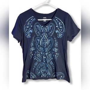 Blue Printed Short Sleeve VNeck Top, Size L
